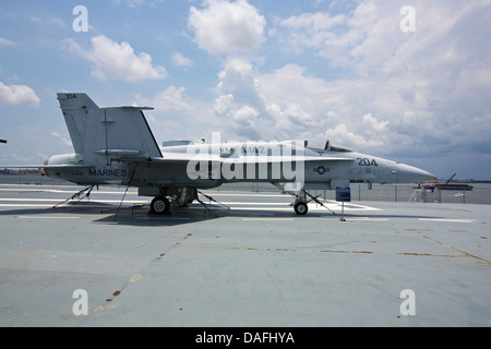 F/A-18A fighter jet on the flight deck of the the USS Yorktown aircraft carrier docked at Patriot's Point in South Carolina Stock Photo