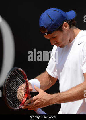 Stuttgart, Germany. 12th July, 2013. Germany's Tommy Haas reacts after a point during the quarter final against Italy's Fognini at the ATP Tournament in Stuttgart, Germany, 12 July 2013. Photo: MARIJAN MURAT/dpa/Alamy Live News Stock Photo