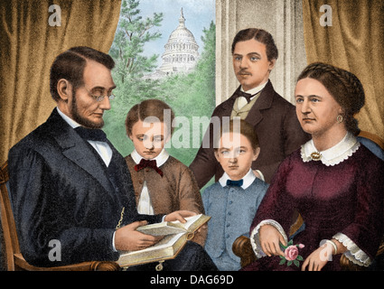 President Abraham Lincoln and his family reading a book in the White House. Digitally colored halftone of an illustration Stock Photo