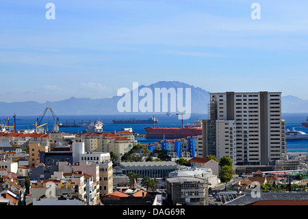 view from Gibraltar to north coast of Africa with Monte Hacho, Straits of Gibraltar, Gibraltar, Gibraltar Stock Photo