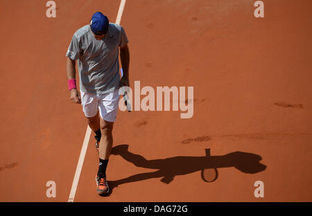 Stuttgart, Germany. 12th July, 2013. Germany's Tommy Haas reacts after a point during the quarter final against Italy's Fognini at the ATP Tournament in Stuttgart, Germany, 12 July 2013. Photo: MARIJAN MURAT/dpa/Alamy Live News Stock Photo