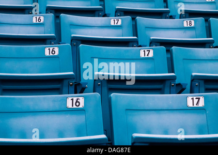 rows of blue plastic seats in a stadium Stock Photo