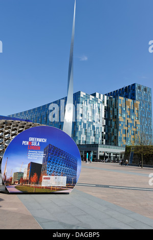 Modern buildings with spike sculpture in Plaza, O2 Arena, Greenwich, London, United Kingdom. Stock Photo