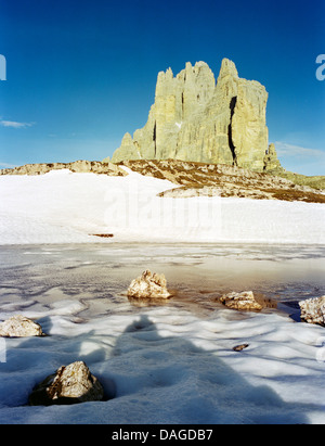 view over meltwater lake at the Tre Cime di Lavaredo, Italy, South Tyrol, Dolomites Stock Photo