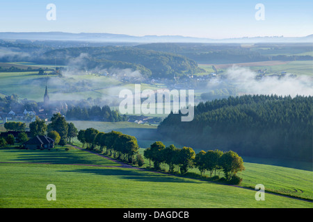 Vulkan Eifel, view to Niederbettingen and Bolsdorf in morning mist, Germany, Rhineland-Palatinate, Naturpark Vulkaneifel Stock Photo