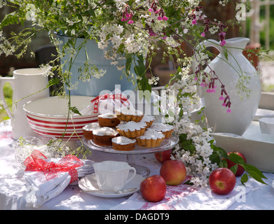 Small iced cakes on stand on beside white jug on table set for tea with vase of summer flowers and fresh fruit in country garden Stock Photo