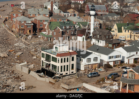 Aerial view of Hurricane Sandy damage along the New York coastline November 12, 2012 in Nassau County, New York. Stock Photo