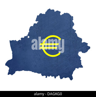 European currency symbol on map of Belarus isolated on white background. Stock Photo