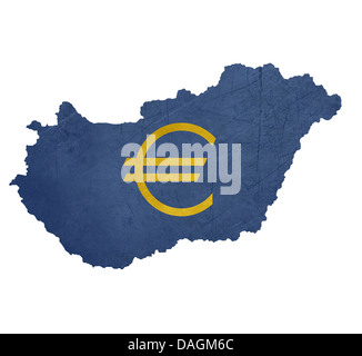 European currency symbol on map of Hungary isolated on white background. Stock Photo