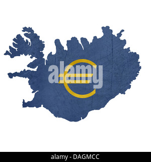 European currency symbol on map of Iceland isolated on white background. Stock Photo