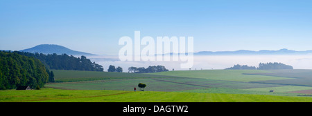 low mountain range of Eifel in morning mist, Aremberg in background, Germany, Rhineland-Palatinate, Hohe Eifel, Leudersdorf Stock Photo
