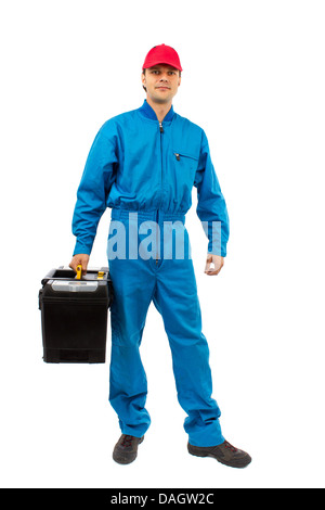 young worker wearing blue equipment toolbox isolated on white Stock Photo