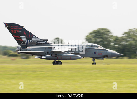 With Air Bakes and Trust Reversers deployed, Panavia Tornado GR4 ZA492 of RAF 617 Squadron slows after landing at RAF Waddington