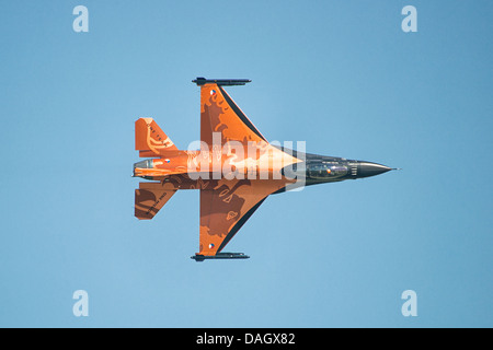 Lockheed Martin F-16 fighter jet of the Royal Netherlands Air Force demonstration team flys at the Waddington Air Show Stock Photo