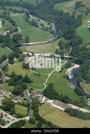 aerial view of Bolton Abbey (also known as Bolton Priory) with the Tithe Barn Wedding Venue in the foreground, near Skipton, North Yorkshire Stock Photo