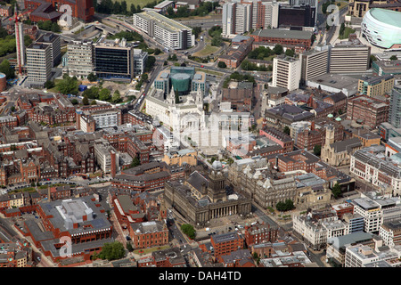 aerial view of Leeds City centre looking north across the Headrow towards the Town Hall and Civic Quarter Stock Photo