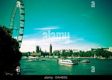 Thames River in London with London Eye on South Bank. Stock Photo