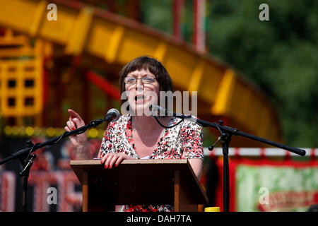 TUC General Secretary Frances O'Grady speaking at the 129th Durham Miners Gala at Durham, England. O'Grady is the first woman to lead to the Trades Union Congress. Stock Photo