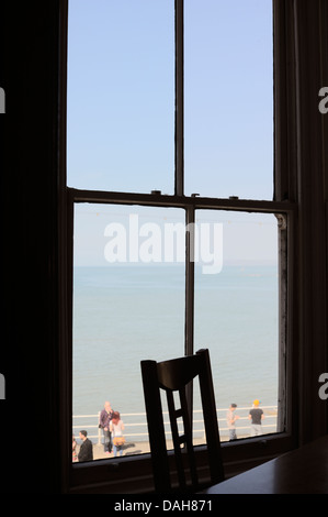 View from a restuarant, cafe window overlooking the promenade and sea, Aberystwyth, Wales, UK Stock Photo