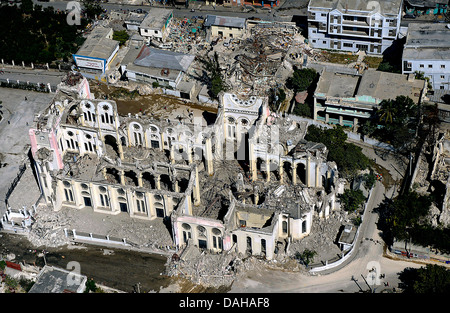 Aerial view of the Cathedral of Our Lady of the Assumption destroyed in the 7.0 magnitude earthquake that killed 220,000 people January 22, 2010 in Port-au-Prince, Haiti. Stock Photo