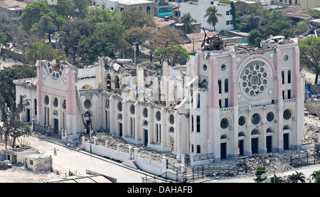 Aerial view of the Cathedral of Our Lady of the Assumption destroyed in the 7.0 magnitude earthquake that killed 220,000 people March 16, 2010 in Port-au-Prince, Haiti. Stock Photo