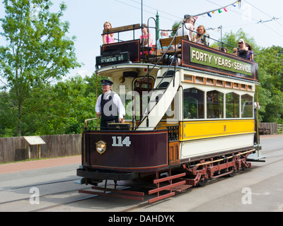 Restored open topped double decker Newcastle Tram No. 114 at Beamish Museum of Northern Life Stock Photo