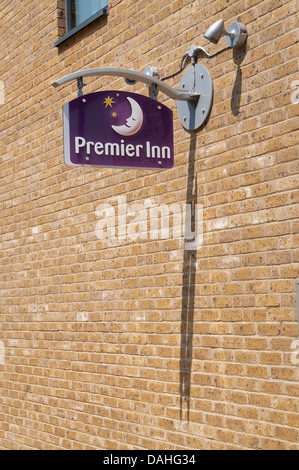 Premier Inn hotel logo on brick wall, Ipswich, Suffolk, UK. Stock Photo