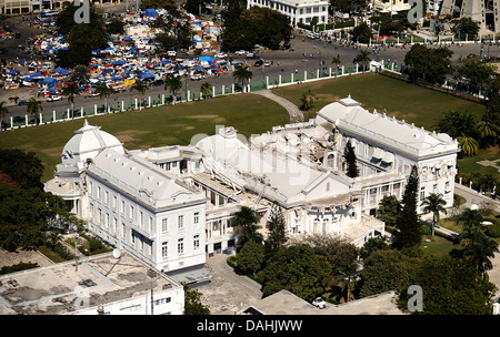 Aerial view of the Presidential Palace destroyed in the 7.0 magnitude earthquake that killed 220,000 people January 28, 2010 in Port-au-Prince, Haiti. Stock Photo