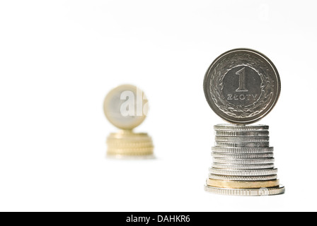 Stack of money euro and zloty coins. Currency rate comparison concept Stock Photo