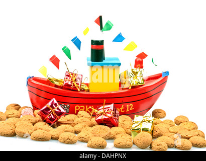 Traditional dutch culture: The steamboat from santa claus with gingernuts and presents at 5th december santa claus feast Stock Photo