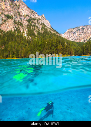 Altitude diving in mountain lake. Gruenner Sea, Alps Stock Photo