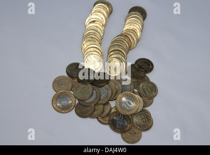 Indian currency coins of 5 rupees and 10 rupees Stock Photo