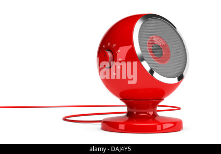 Conceptual red sound speaker over white background including a volume button - 3D render concept design image. Stock Photo