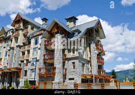 The Pan Pacific, one of the many condo style hotels in Whistler Village, British Columbia, Canada.  In summer. Stock Photo