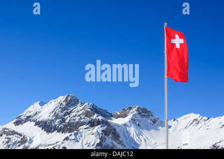Swiss national flag blowing in the wind in front of the Bernese Alps, Switzerland, Bernese Alps Stock Photo