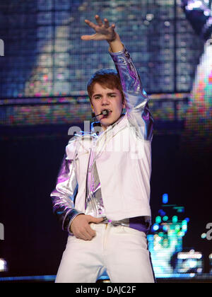 Canadian teen star Justin Bieber performs live on stage at O2 World in Berlin, Germany, 02 April 2011. Berlin is the second stop on Bieber's 'My World' world tour. Photo: Joerg Carstensen Stock Photo