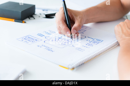Designer develop a mobile application usability and drawing its framework on a paper. Stock Photo