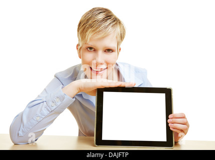 Young happy woman with tablet computer with white empty screen Stock Photo