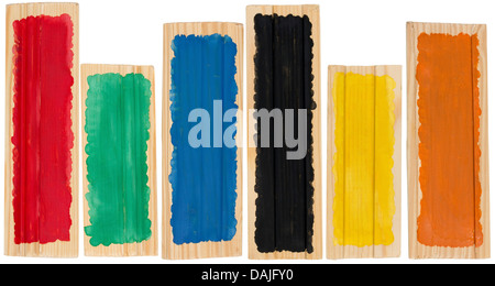Wooden pine boards in the form of a banner handmade primitive painted in the colors of the rainbow. Isolated for designers Stock Photo