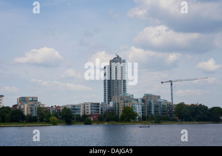 Woodberry Park (formerly Woodberry Down estate) high rise new development Residence Tower seen from West Reservoir, Stock Photo