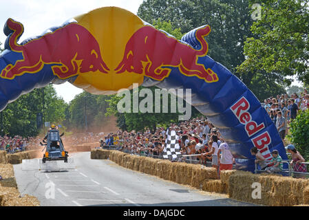 London, UK. 14th July, 2013. A competitor takes on the big air jump at the redbull soapbox race at Alexandra Palace in London on the 14th July 2013. Credit:  Paul Hayday/Alamy Live News Stock Photo
