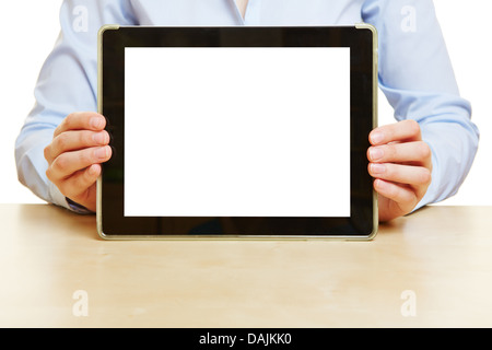Hands holding a tablet computer with empty white screen Stock Photo