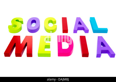 social media in red green pink text on isolated white background Stock Photo