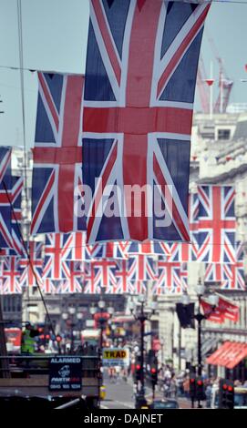 Flags hang over Regent Street in London, England, 21 April 2011. On 29 April 2011, Prince William and Kate Middleton will marry. Photo: Cordula Donhauser Stock Photo