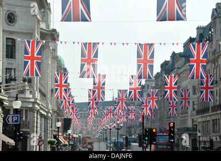 Flags hang over Regent Street in London, England, 21 April 2011. On 29 April 2011, Prince William and Kate Middleton will marry. Photo: Cordula Donhauser Stock Photo