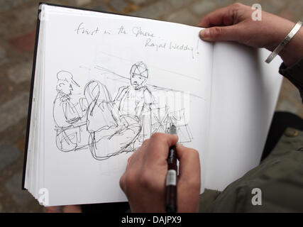 Helen draws a picture of John Loughrey, the first fan waiting for the Royal Wedding in front of Westminster Abbey in London, 26 April 2011. London prepares for the royal wedding between Britain's Prince William and Kate Middleton at Westminster Abbey on April 29. Foto: Kay Nietfeld Stock Photo