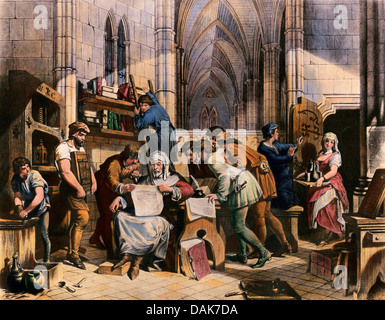 William Caxton examining his first proof sheet in Westminster Abbey, England, 1475. Color halftone reproduction of an illustration Stock Photo