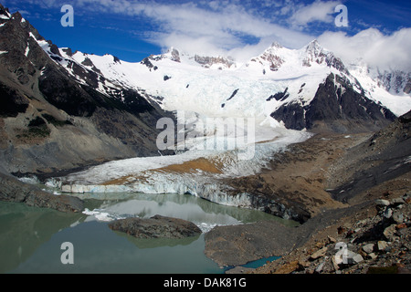 Laguna Torre and Glaciar Grande beneath Cerro Torre, with Cerro Grande, Cerro Doblado, Cerro Adela, Chile, Patagonia, Los Glaciares National Park, El Chalten Stock Photo