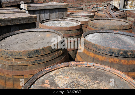 Chatham, Kent, England. Chatham Historic Dockyard. Old Wooden barrels Stock Photo