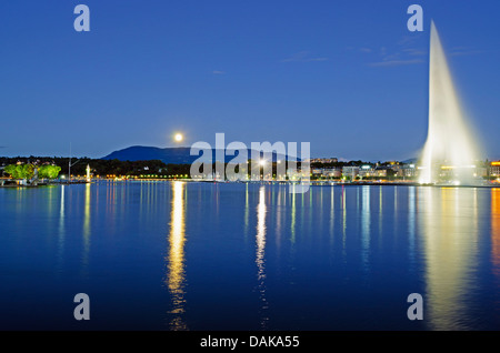 moonrise over Lac Leman, Jet d'eau fountain, Geneva, Switzerland, Europe Stock Photo
